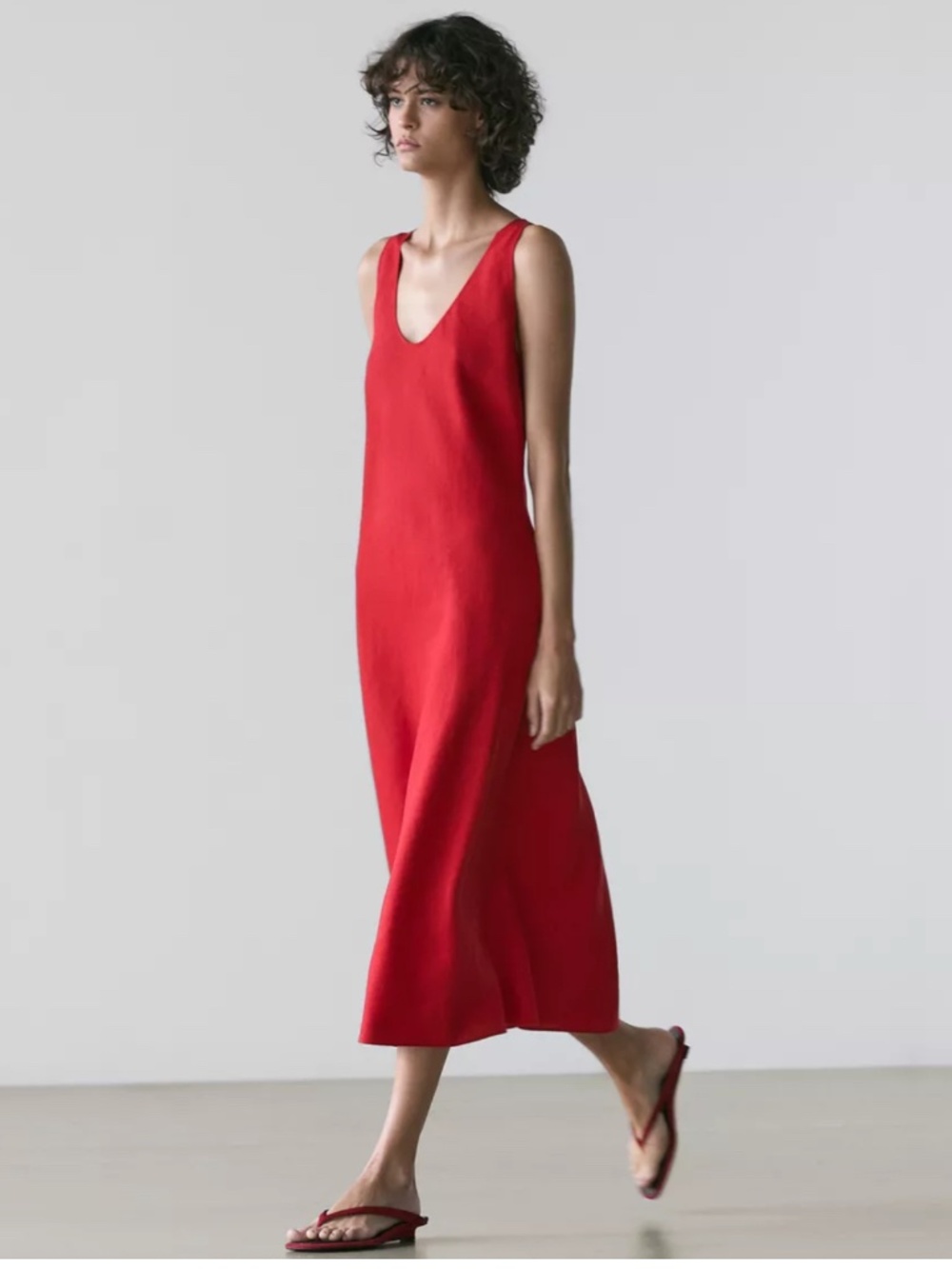 Massimo Dutti Red Midi Dress 100% linen